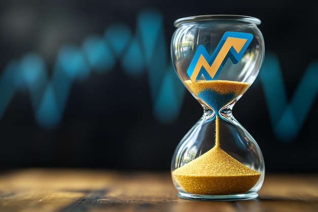 Photo time management and financial growth concept with hourglass symbolizing investment timing