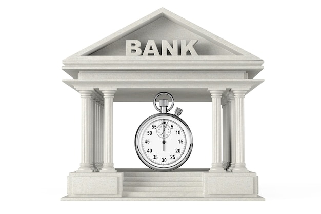 Time Save Concept. Bank Building with stopwatch on a white background