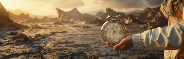 Photo time traveler holding antique clock in postapocalyptic landscape a lone figure in a desolate