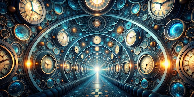 Photo time tunnel of clocks and cosmic wonders a surreal and intricate tunnel is formed by an array of c