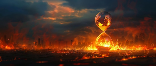 Time urgency hourglass with world on fire background stark text area