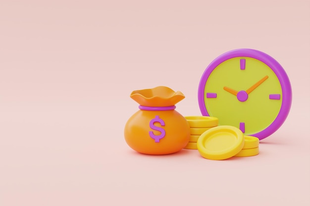 Time value of money concept with clock and coin stacks time management long term investment payment deadline 3d rendering