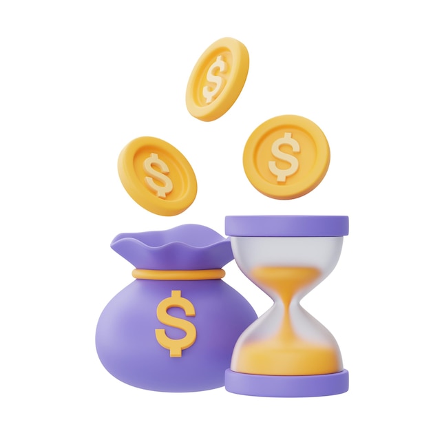 Time value of money concept with hourglass and coin bagtime managementlong term investmentpayment deadline3d rendering