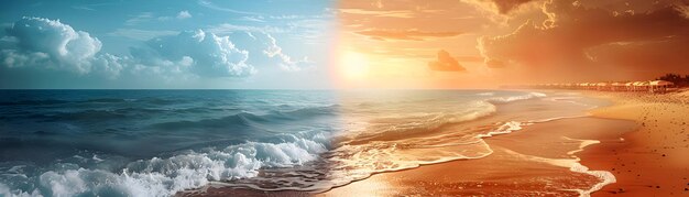 Photo timelapse day and night beach scene on whimsical background with coastal scenery change stock phot