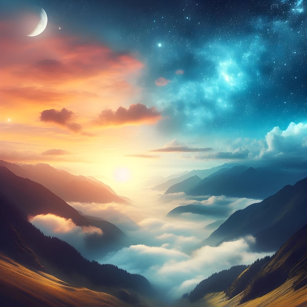 Timelapse Day Night Valley Landscape with Dreamy Background for Text or Graphics Adobe Stock Photo