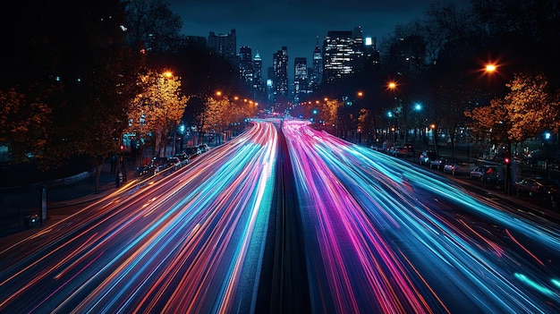 Photo a timelapse image of rgb light trails from a moving vehicle on a city street at night creating streaks of red green and blue that intersect and weave through the scene highlighting the urban