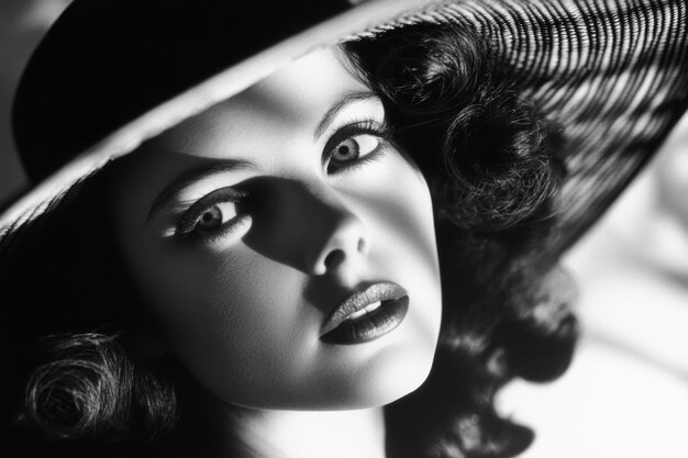 Photo timeless beauty in a vintage black and white portrait featuring a woman with elegant curls and a widebrimmed hat from the 1940s