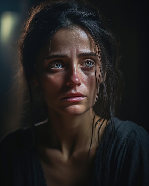 Timeless capture of a woman in distress with pain evident in her eyes in a dim setting