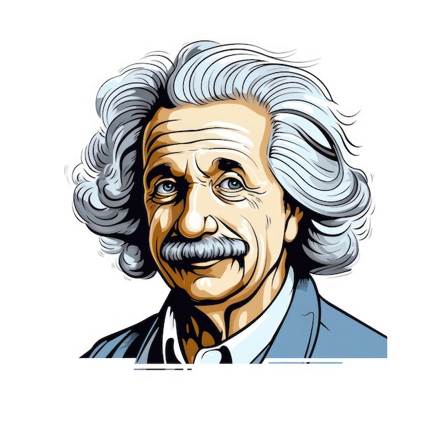 The Timeless Charm of CartoonStyle Thick Line A Waist Shot of Albert Einstein on a Crisp White Ba