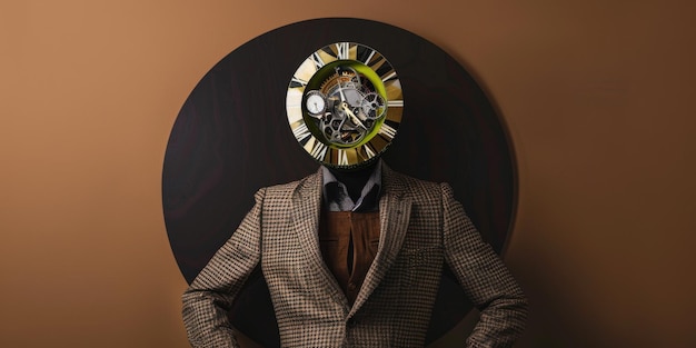 Photo timeless fashion elegant man with clockwork head in stylish suit