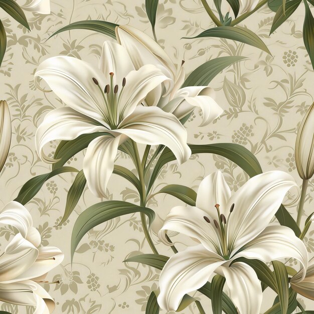 Photo timeless white lilies in a classic floral motif pattern