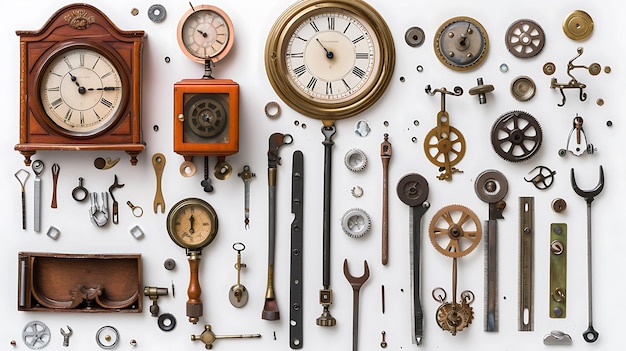 Photo timepieces and tools a still life of vintage clocks and mechanical parts