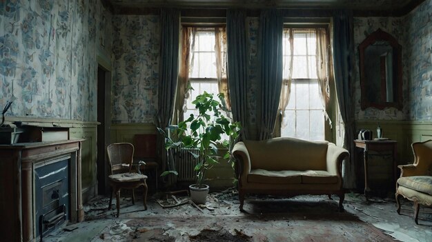 Photo a timeworn room with faded floral wallpaper dusty furniture and a lone wilted plant on the sill