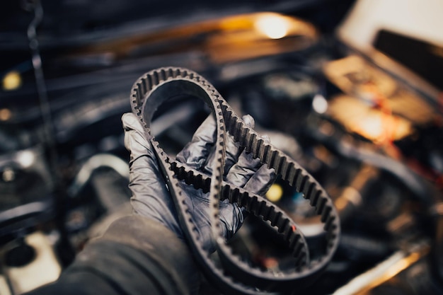 timing belt in car engine car maintenance concept replacing timing belt