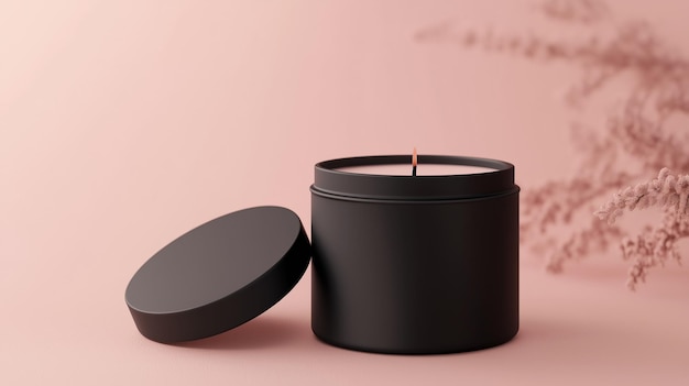 Tin candle minimalist mockup cylindrical container black matte and shadow light wall