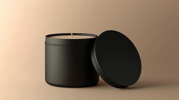 Tin candle minimalist mockup cylindrical container black matte and shadow light wall