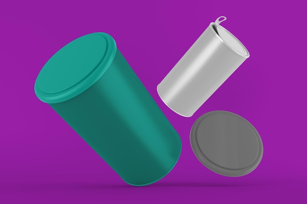 Tin Cans With Lid Floating Isolated In Purple Background