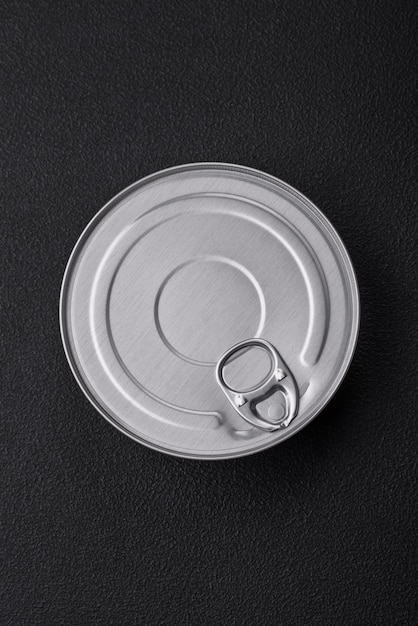 Tin metal can with canned food round shape with a key