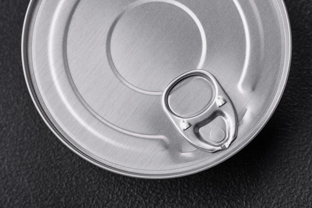 Tin metal can with canned food round shape with a key