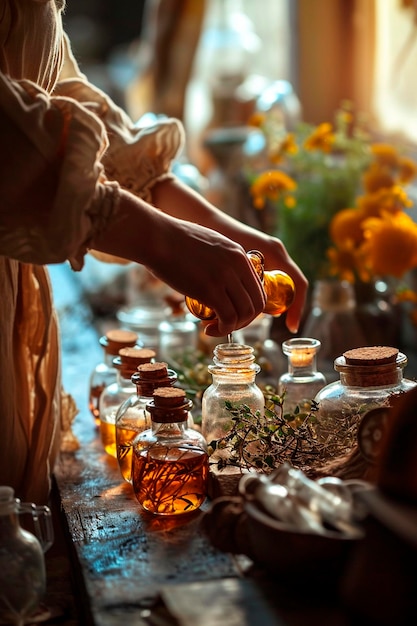 Tinctures of flowers and herbs alternative medicine Selective focus