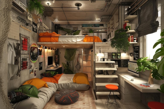 Photo tiny apartment with space saving solutions interior design