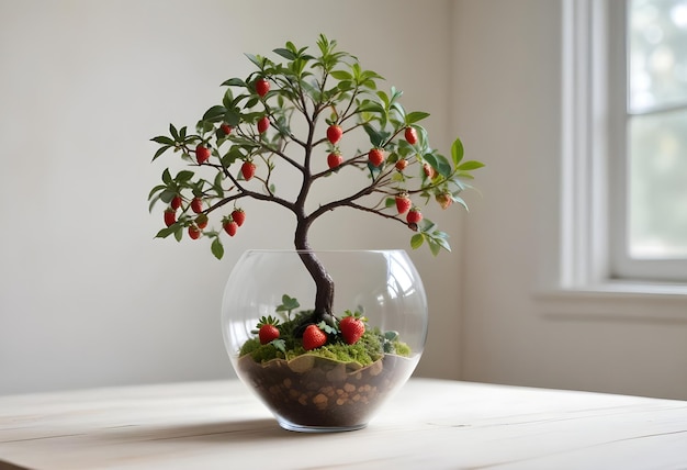 A tiny apple tree with apple piece in a glass