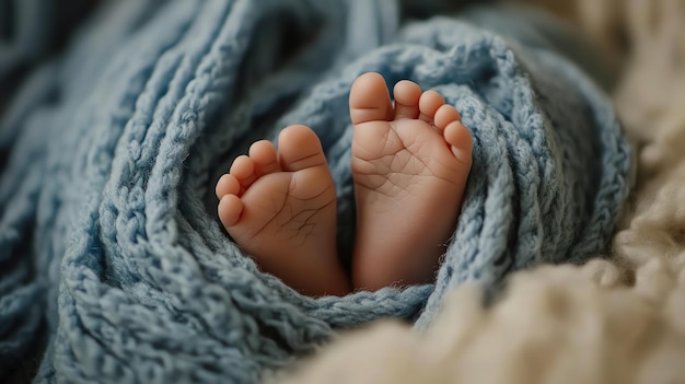 Photo tiny baby feet sticking out of a soft blue blanket