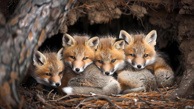 Photo tiny baby foxes cuddling together in a forest den