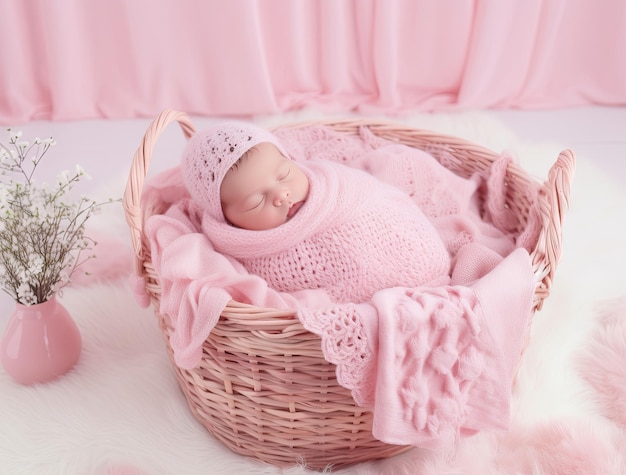 Tiny basket decor for newborn studio photoshoot filled with fur and knitted toy closeup Infant baby handmade furniture