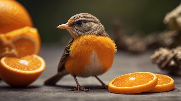 Photo a tiny bird shaped from fresh orange on a rainy day