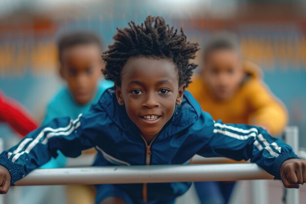 A tiny black child leaps over obstacles Generative Ai