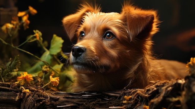 A tiny brown dog rests atop the forest floor Generative AI