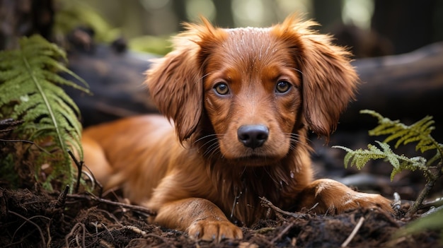 A tiny brown dog rests atop the forest floor Generative AI