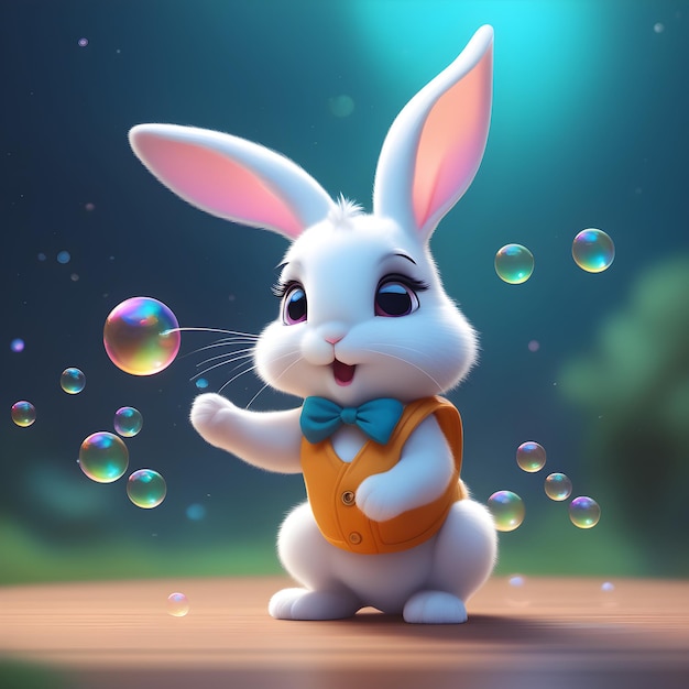 tiny bunny loves playing with soap bubbles