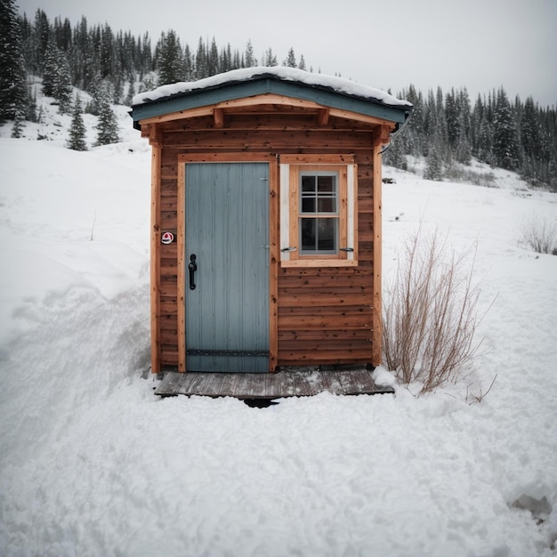 Photo tiny cabin stuck in snow