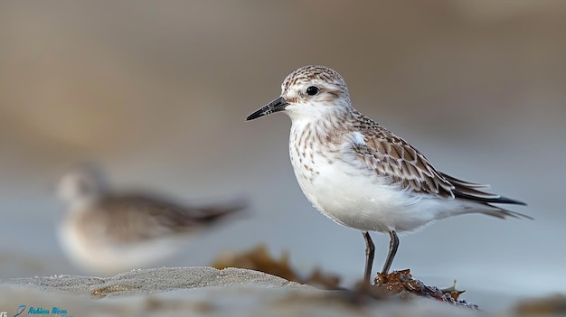 Tiny calidris alba shorebird foraging along the coastal sand at sunrise