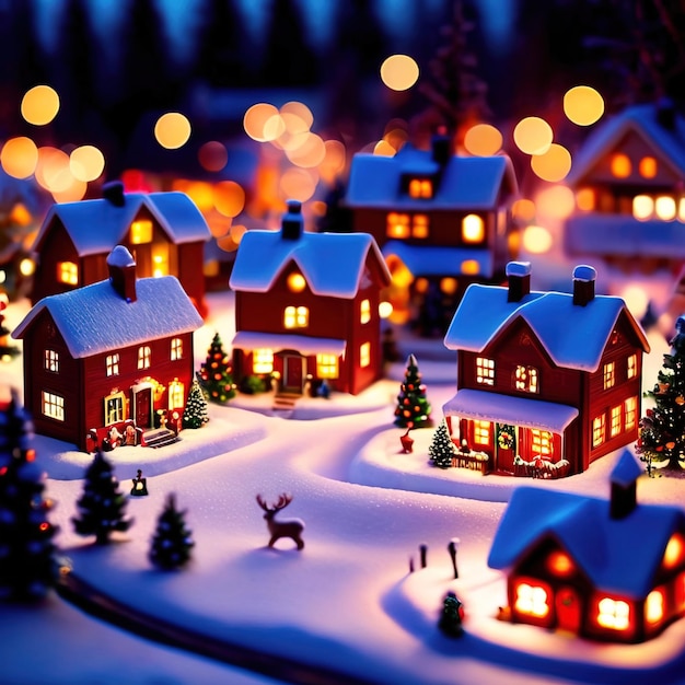 Tiny Christmas village bright glittery snow bright colors