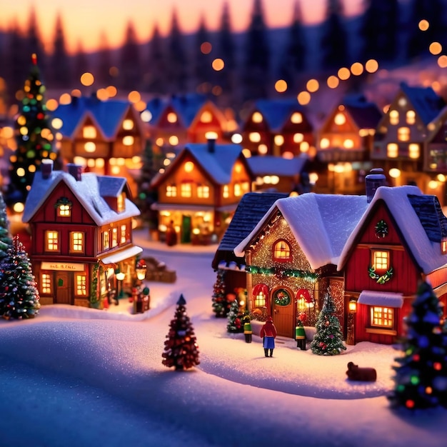 Tiny Christmas village bright glittery snow bright colors