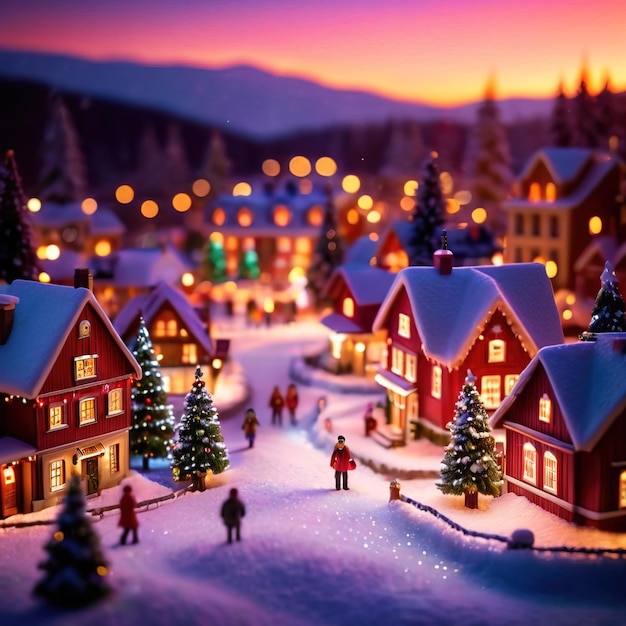 Tiny Christmas village bright glittery snow bright colors