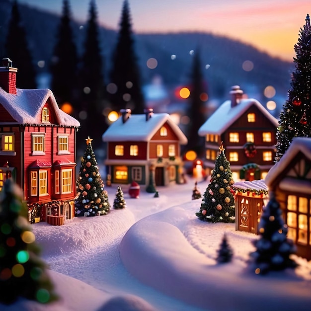 Tiny Christmas village bright glittery snow bright colors