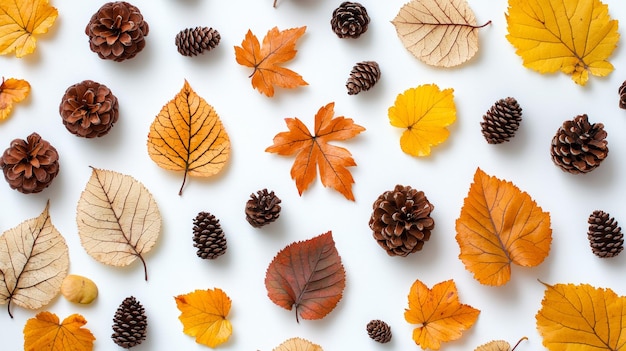 Tiny cinnamon brown and marigold autumn leaves with mini pinecones on a white backdrop Minimalistic