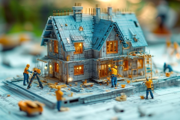 Photo tiny construction workers building a house miniature