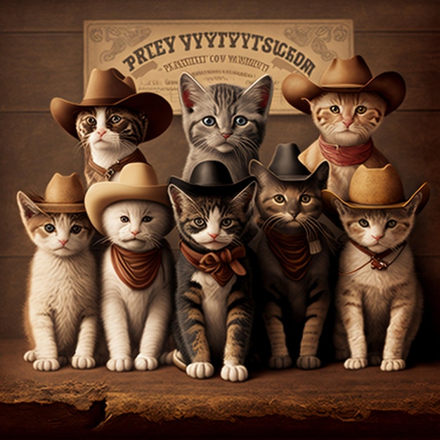 tiny cute and adorable group of cowboy cat