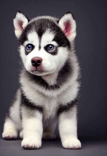 Tiny cute adorable Husky puppy with black background studio lighting Adopt a puppy pure breed