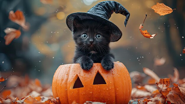 Tiny cute black kitten with witch hat inside a pumpking with leafs falling and halloween background chaos 10 ar 169 quality 2 style raw stylize 250 v 61 Job ID 69fe720bd0ce40d0b9849f1e9ed0bc28