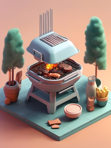 Tiny cute isometric 3d render BBQ Grill