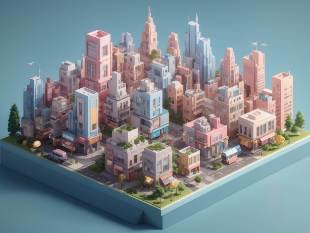 Tiny cute isometric 3d render city