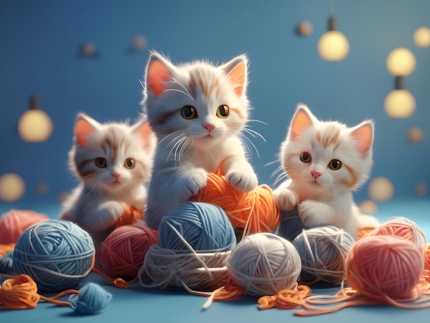 Tiny cute isometric 3d render of Kittens Playing with Yarn