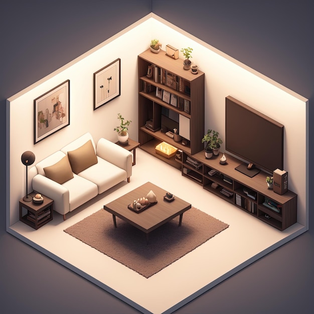 Tiny cute isometric Livingroom with soft smooth lighting, 3d blender render