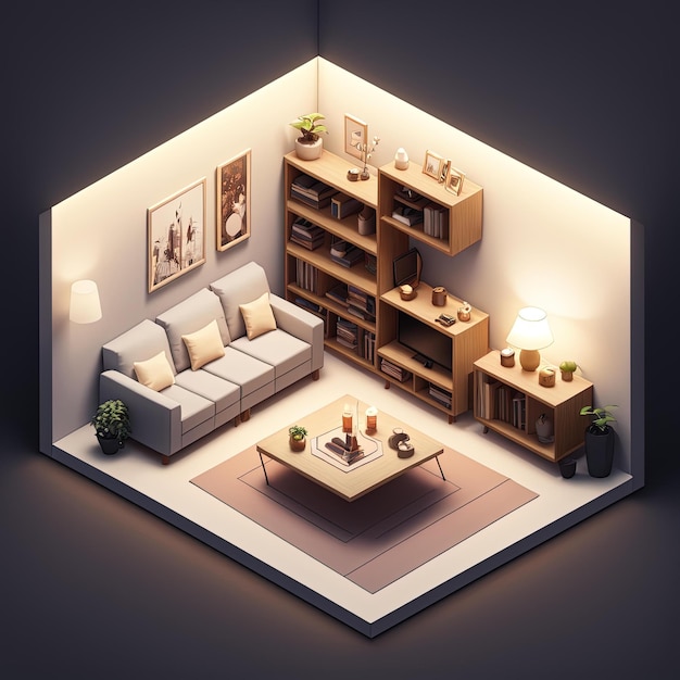 Tiny cute isometric Livingroom with soft smooth lighting, 3d blender render